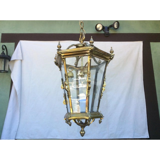 Nice looking large brass & glass 19th Century tall lantern. This was lots of character and was an old world feel to it.