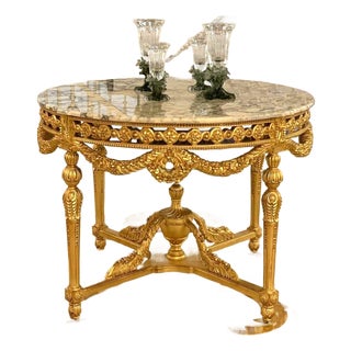 Grand French Louis XV Round Dining Table – Ornate Marble Top With Gold Leaf & Bronze Floral Ornamentation For Sale