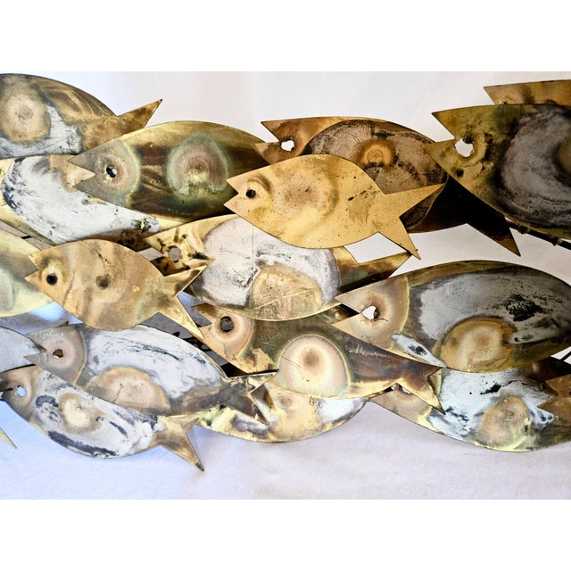 Brutalist Vintage Signed "C Jere' 68" Brutalist Brass "School of Fish" Wall Sculpture For Sale - Image 3 of 7