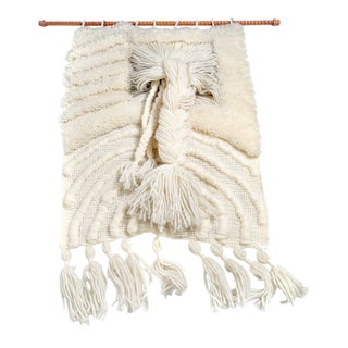 Large Vintage Fiber Art Wall Hanging Sculptural Ivory Woven Textile With Chunky Braids For Sale