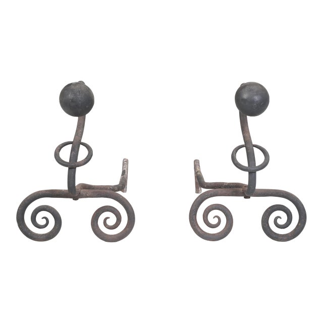 Wrought Iron Fireplace Andirons. Modernist Curled Form With Sphere Top C1940's For Sale