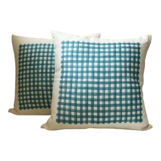 Pair of Teal and White Check Linen Pillows For Sale