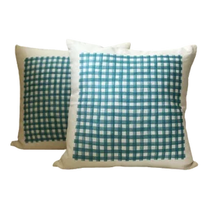Pair of Teal and White Check Linen Pillows