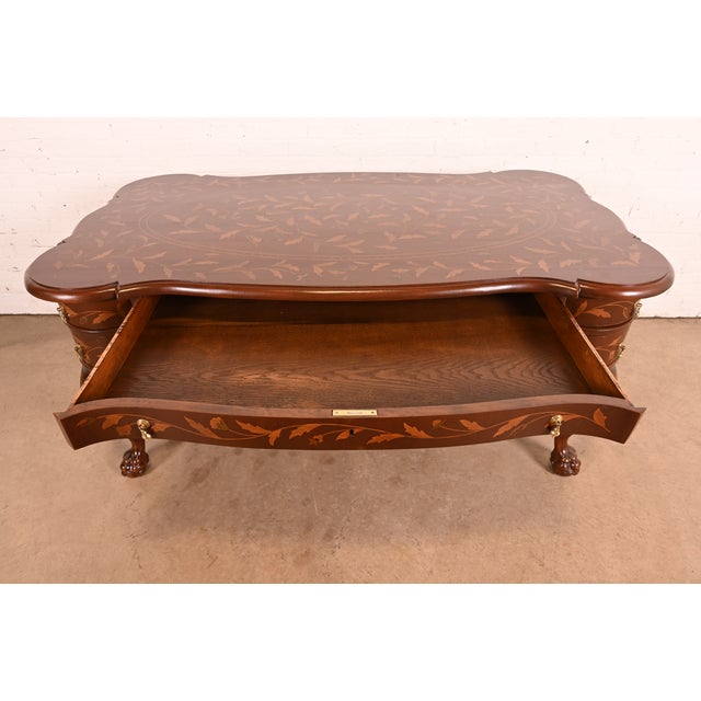 Wood Antique Dutch Louis XV Mahogany Inlaid Marquetry Executive Desk, Circa Late 19th Century For Sale - Image 7 of 14