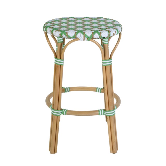 Spritely Home Accent Furniture Ballito 30 in. Seat Height Oval Rattan Bar Stool with Footrest, French White, Green & Brown For Sale - Image 4 of 8