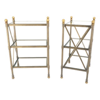 Pair Metal X Base 3 Tier Glass Shelves Ball Finials 12x18 Side End Lamp Tables For Sale