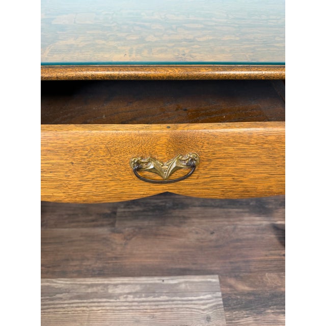Mid 20th Century Vintage Tiger Oak Writing Desk With Ball-and-Claw Feet & Cabriole Legs | Glass-Protected Top For Sale - Image 5 of 5