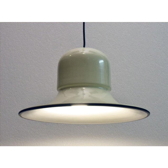 Candle Bell-Shaped Chandelier from the 1970s. Made of white enameled aluminum with a black border. In excellent condition....
