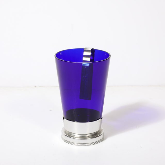 1930s 1930s Art Deco Ice Bucket in Blue Glass W/ Aluminum Base & Tongs Signed Kensington For Sale - Image 5 of 16