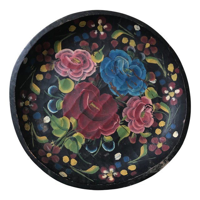 Large Mexican Wooden Plate with Hand-Painted Floral Design #2 For Sale
