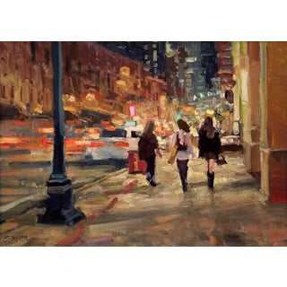 Night Out by Jim Beckner | Oil on canvas Night scene with figures walking in a city. For Sale