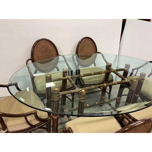 Wood McGuire Furniture Oval Glass Top Dining Table + Six Double Cane Back Dining Armchairs, Vintage Set For Sale - Image 7 of 15