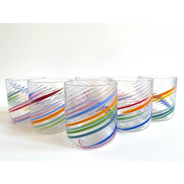 Vintage 1980s Post Modern Hand Blown Studio Art Glass Multicolor Abstract Swirl Glasses - Set of 6 For Sale - Image 11 of 13