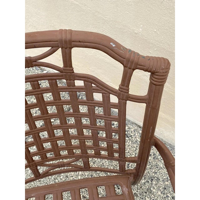 Brown Late 20th Century Cast Aluminum Basket Weave Lattice Rattan Metal Patio Outdoor Arm Chair For Sale - Image 8 of 10