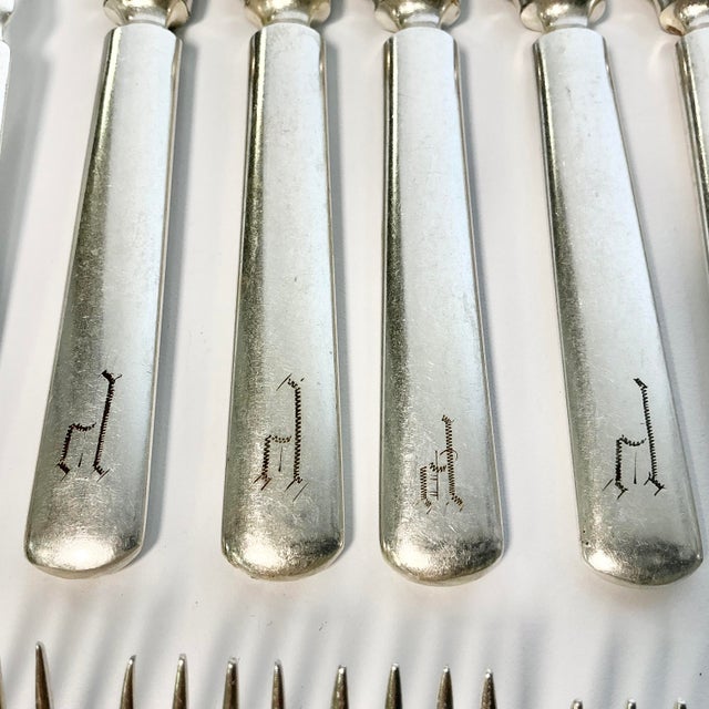 Mid 1800s Antique English Boho Chic Monogrammed Silver Plate Knives and Forks - Set of 70 For Sale - Image 16 of 17