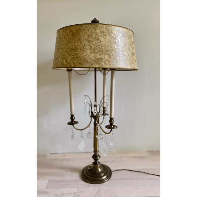 Large Brass and Crystal Bouillotte Table Lamp with Stiffel Shade For Sale - Image 11 of 12