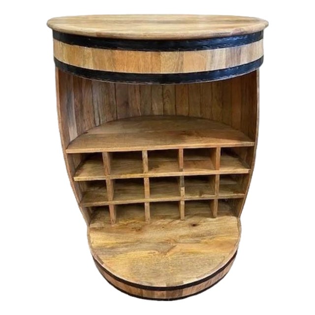 Rustic Bourbon Whiskey Barrel Open Wine Bar Cabinet For Sale