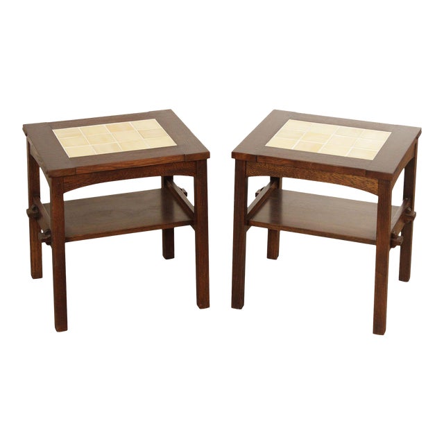 1990s Stickley Mission Collection Oak Tile Top End Tables A Pair