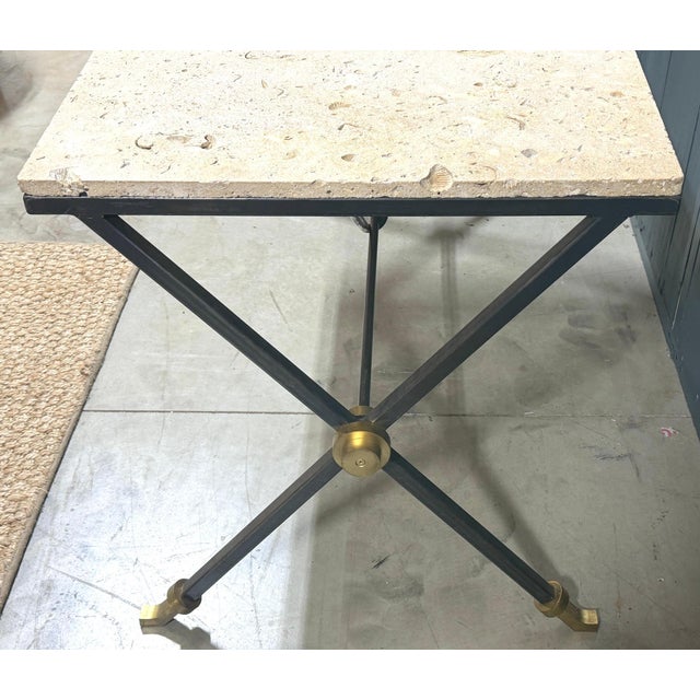 Maison Jansen Iron & Brass Neoclassical Console Table Coquina Stone Top, 1970s For Sale - Image 12 of 13