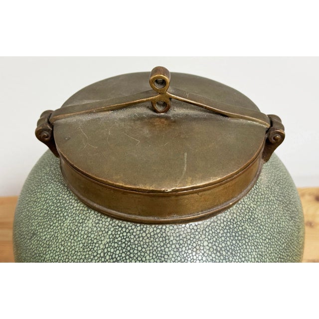 Metal Tozai Home Brass Lidded Faux Shagreen Temple Jar For Sale - Image 7 of 11