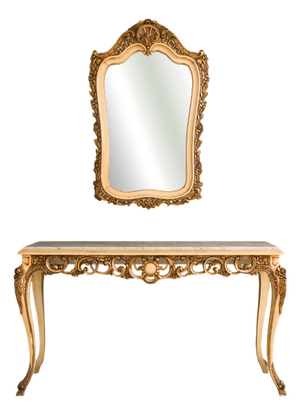 Rococo Revival Gold-Painted Wood Console Table with Marble Top and Wall Mirror, 1970s, Set of 2