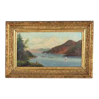 Antique Thomas Chambers Hudson River School Oil on Board River Scene C1880 For Sale
