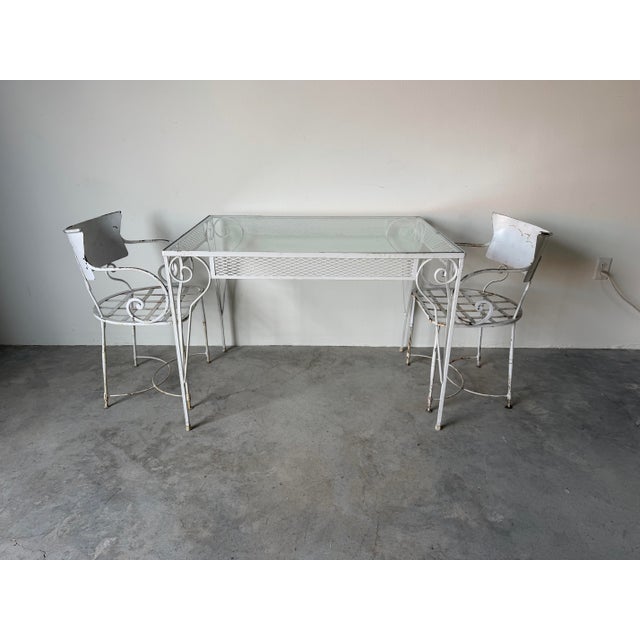 Mid-Century Modern Pair of Vintage Arhaus White Metal Garden Dining Armchairs With Scroll Arms For Sale - Image 3 of 12