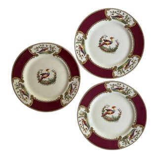 1950s Myott Chelsea Bird Dinner Plates 10 5/8” Burgundy Transferware England - Set of Three (3) For Sale
