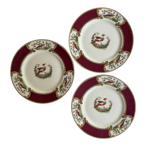 1950s Myott Chelsea Bird Dinner Plates 10 5/8” Burgundy Transferware England - Set of Three (3)