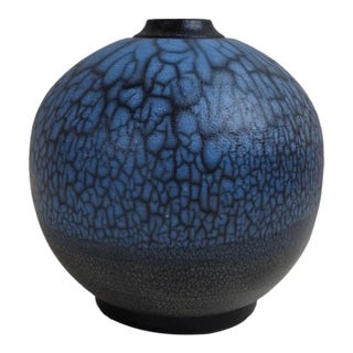 Contemporary Raku Blue Black Pottery Vase For Sale