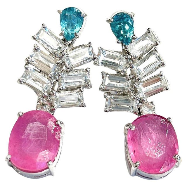 Bochic "Orient" Vintage Ruby, Topaz & Blue Appetite Earrings 18K Gold & Silver For Sale - Image 15 of 18