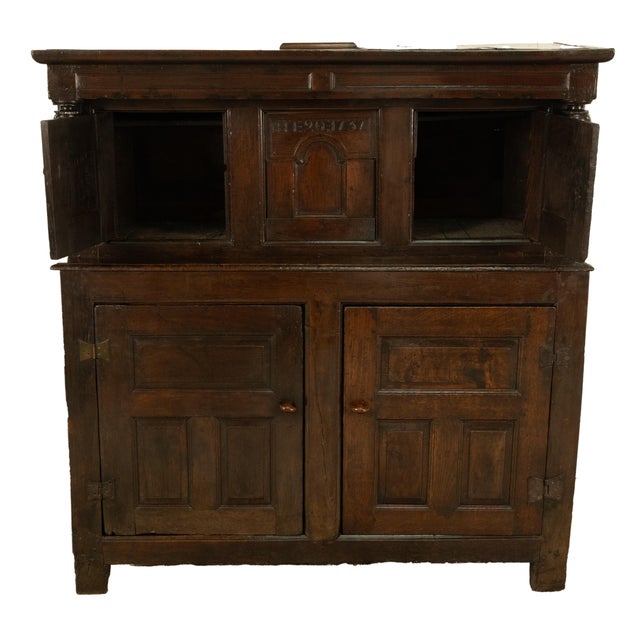 18th Century Antique Early 18th Century Welsh English Deuddarn Carved Oak Court Cupboard 1737 For Sale - Image 5 of 16