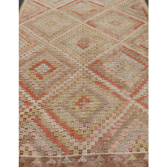 Textile Large Vintage Turkish Kilim Rug With Coral, Gold, Sage Diamond Pattern For Sale - Image 7 of 14