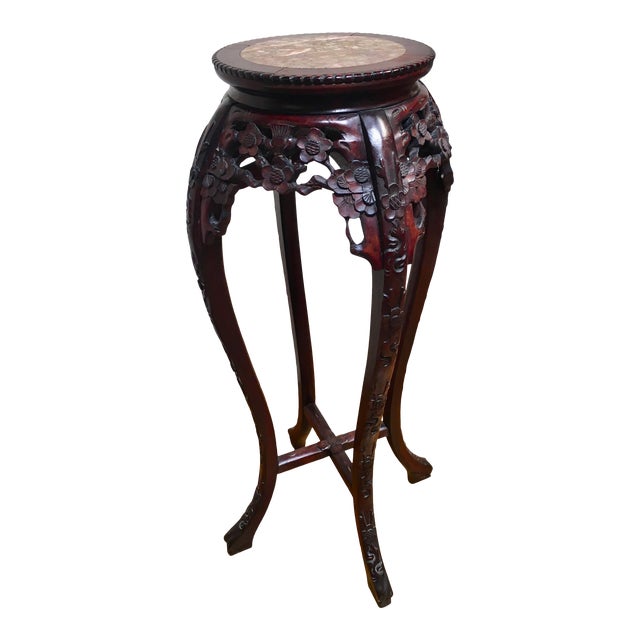 20th Century Chinese Hand Carved Rosewood Marble Top Pedestal Table