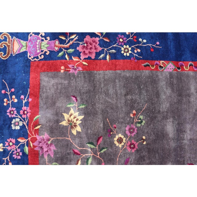 Art Deco Antique Art Deco Rug in Soft Grey Field With Navy Blue and Red Border For Sale - Image 3 of 14