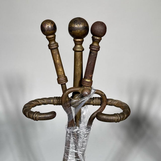 Brass Antique Federal Style Brass and Iron Fireplace Set—Five Pieces For Sale - Image 8 of 14