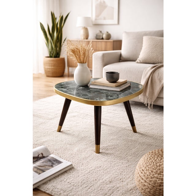 Mid-Century Modern Marble Top Flower Stand with Brass Rim and Tapered Wooden Legs, 1960s For Sale - Image 6 of 7