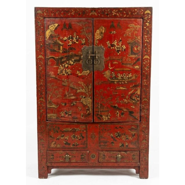 Mid 19th Century Mid 19th Century Set of 4-Piece Antique Chinese Red Lacquer and Gilt-Painted Cabinets For Sale - Image 5 of 12