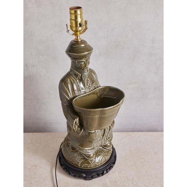 1970s Chinese Confucius Green Ceramic Lamp For Sale - Image 4 of 15