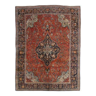 20th Century Antique Farahan Sarouk Rug, Handmade Oriental Rug, Rusty Red Navy Blue Very Fine Detail For Sale