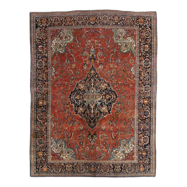 20th Century Antique Farahan Sarouk Rug, Handmade Oriental Rug, Rusty Red Navy Blue Very Fine Detail For Sale