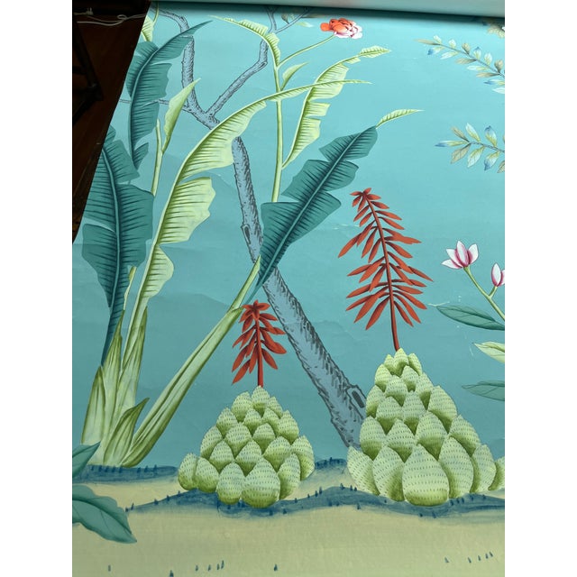 Hand Painted Teal Tropical Chinoiserie Jungle Monkey Floral Mural 4-Panel Set For Sale - Image 6 of 6