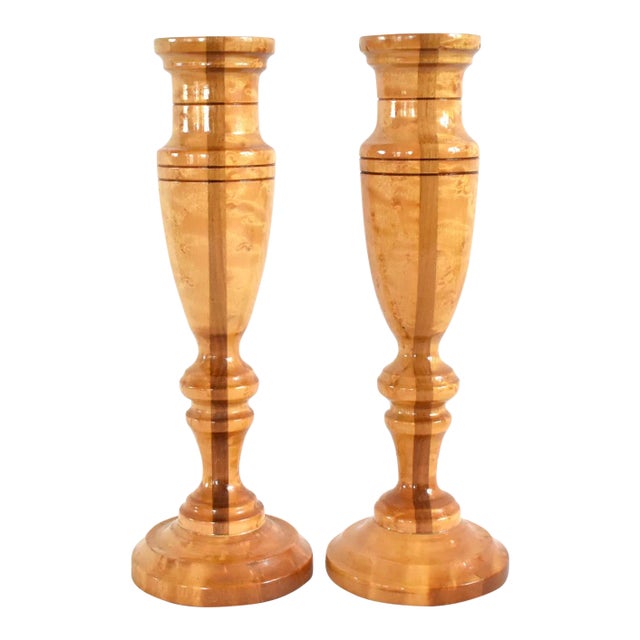 Pair of Vintage Turned Wood Bird's Eye Maple Candlesticks For Sale