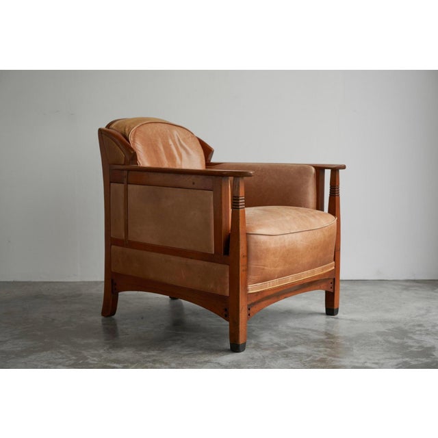 Vintage Art Deco Chair in Oak and Cognac Leather, 1980s For Sale - Image 3 of 14
