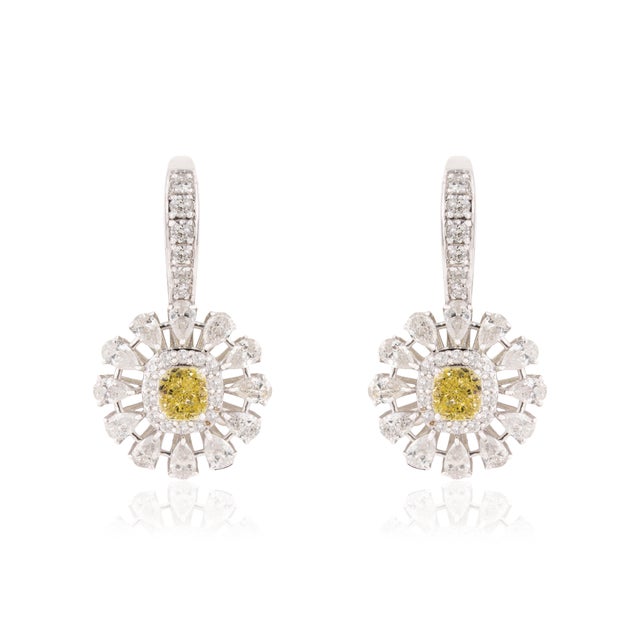 Vintage Style 2.29 Ct Fancy Yellow Diamond Floral Cluster Drop Earrings 18k Gold- A Pair For Sale - Image 4 of 14