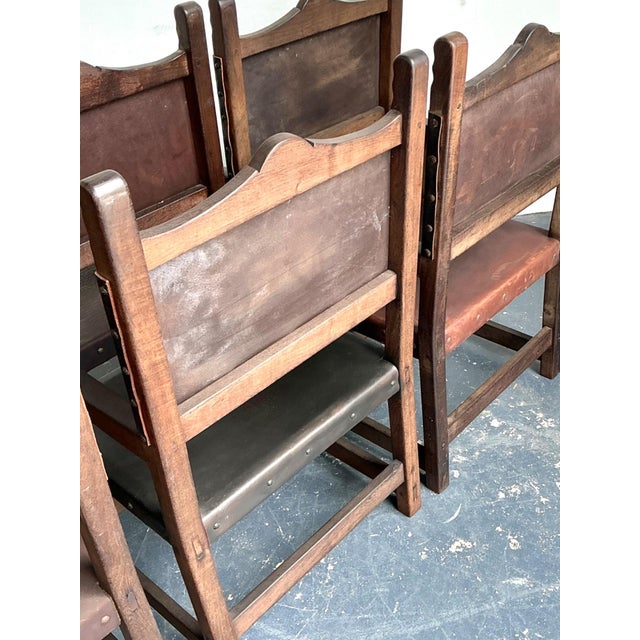 Brown Vintage Spanish Leather and Wood Armchairs - Set of 6 For Sale - Image 8 of 14