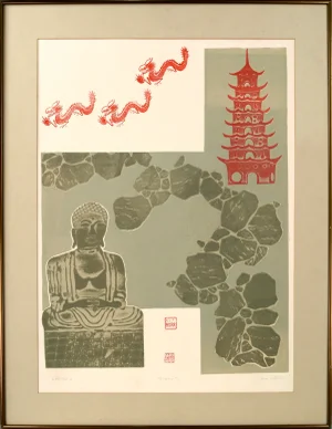 Late 20th Century "Taiwan #2" Red & Grey Buddah Sculpture, Pagoda, & Three Dragons A/P Collagraph by Naomi L. Policoff