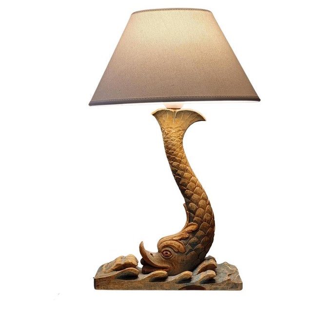 Koi Fish Table Lamp in Hand-Carved and Painted Wood, Early 1900s For Sale - Image 9 of 9