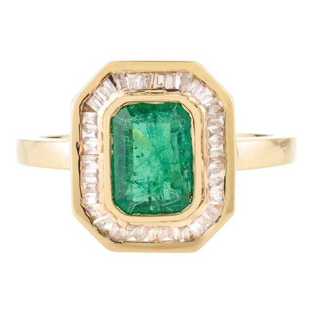 Octagon Cut Emerald & Baguette Halo Set Diamond Statement Ring Size 6.5 For Sale