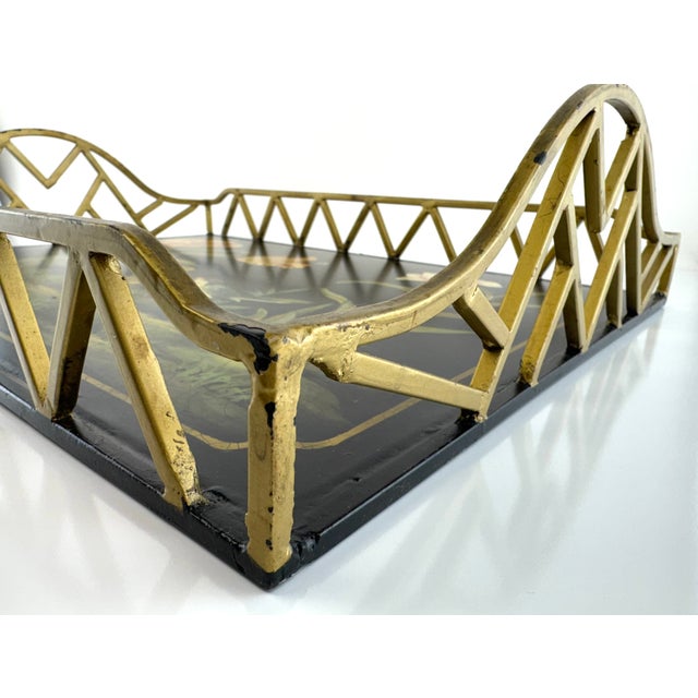 Black 1970s Raymond Waites Chinoiserie Style Lacquered Serving Tray With Brass Gallery For Sale - Image 8 of 12